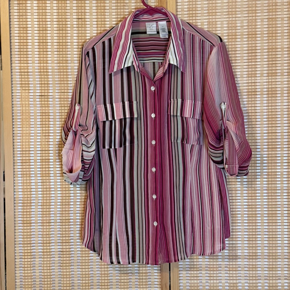 Emma James Pink Striped Roll Tab Sleeve Button Down Blouse 2X Liz Claiborne
